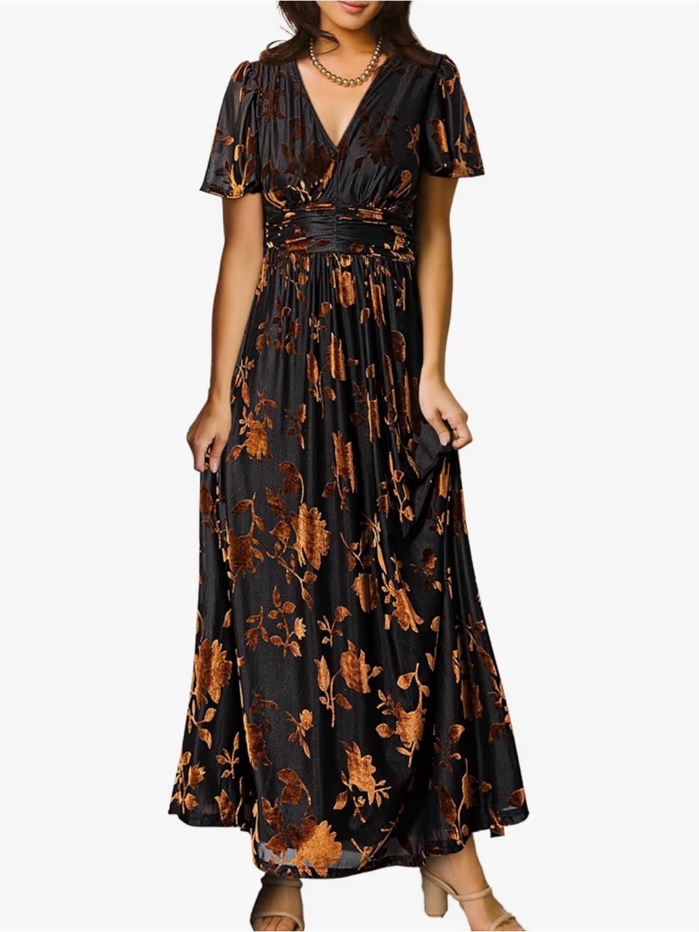 Simple Black Maxi Dress with Copper Floral Velvet Accents